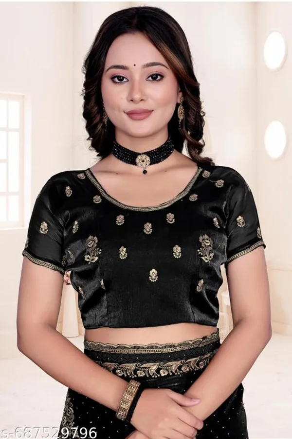Black_Fancy_Party_Wear_Premium_Jimmi_Chu_Embroidery_And_Swaroski_Work_With_Fancy_Cut_Work_Border_Saree_With_Blouse_For_Women