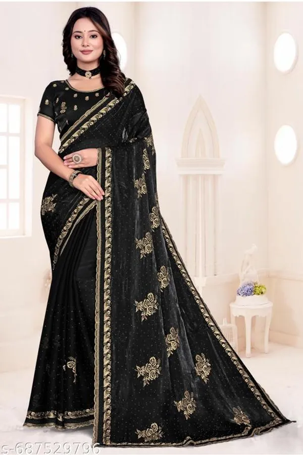 Black_Fancy_Party_Wear_Premium_Jimmi_Chu_Embroidery_And_Swaroski_Work_With_Fancy_Cut_Work_Border_Saree_With_Blouse_For_Women