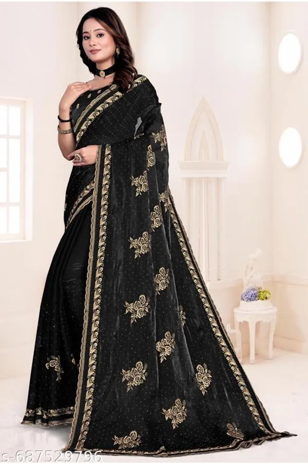 Black_Fancy_Party_Wear_Premium_Jimmi_Chu_Embroidery_And_Swaroski_Work_With_Fancy_Cut_Work_Border_Saree_With_Blouse_For_Women