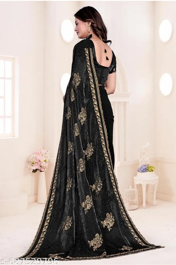 Black_Fancy_Party_Wear_Premium_Jimmi_Chu_Embroidery_And_Swaroski_Work_With_Fancy_Cut_Work_Border_Saree_With_Blouse_For_Women
