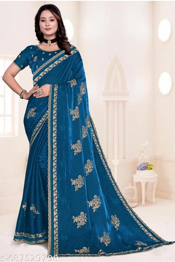 Blue_Fancy_Party_Wear_Premium_Jimmi_Chu_Embroidery_And_Swaroski_Work_With_Fancy_Cut_Work_Border_Saree_With_Blouse_For_Women