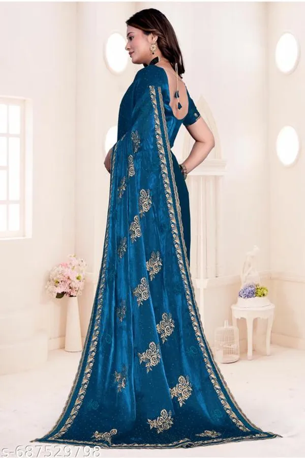 Blue_Fancy_Party_Wear_Premium_Jimmi_Chu_Embroidery_And_Swaroski_Work_With_Fancy_Cut_Work_Border_Saree_With_Blouse_For_Women