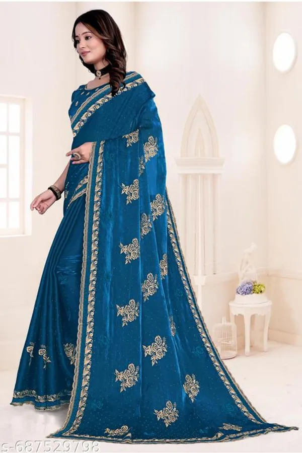 Blue_Fancy_Party_Wear_Premium_Jimmi_Chu_Embroidery_And_Swaroski_Work_With_Fancy_Cut_Work_Border_Saree_With_Blouse_For_Women