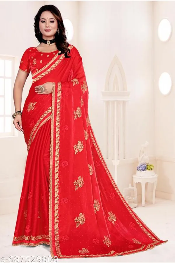 Red_Fancy_Party_Wear_Premium_Jimmi_Chu_Embroidery_And_Swaroski_Work_With_Fancy_Cut_Work_Border_Saree_With_Blouse_For_Women