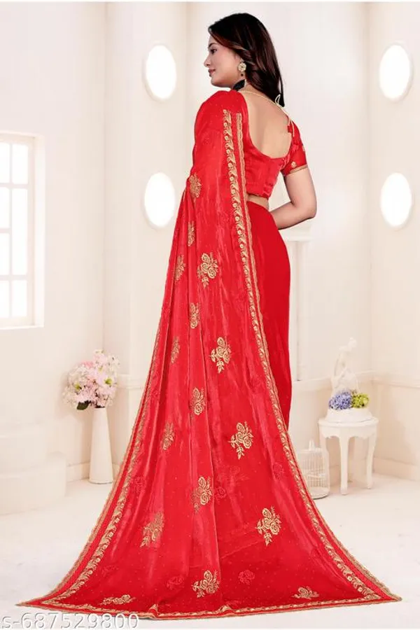 Red_Fancy_Party_Wear_Premium_Jimmi_Chu_Embroidery_And_Swaroski_Work_With_Fancy_Cut_Work_Border_Saree_With_Blouse_For_Women