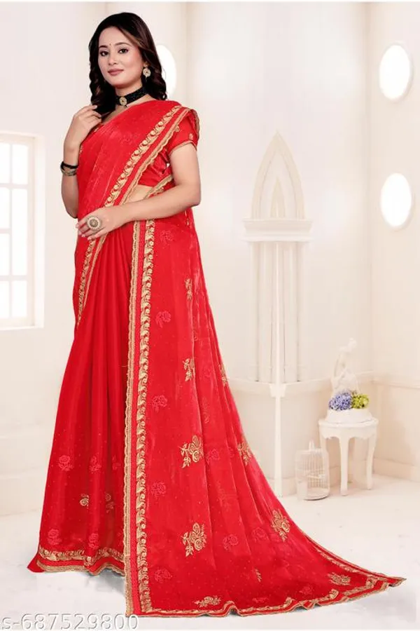 Red_Fancy_Party_Wear_Premium_Jimmi_Chu_Embroidery_And_Swaroski_Work_With_Fancy_Cut_Work_Border_Saree_With_Blouse_For_Women