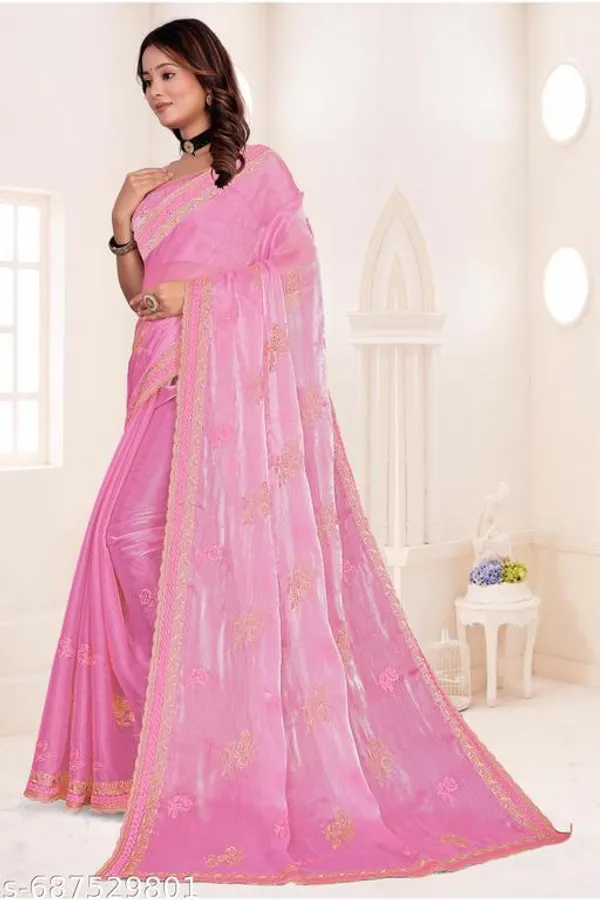 Pink_Fancy_Party_Wear_Premium_Jimmi_Chu_Embroidery_And_Swaroski_Work_With_Fancy_Cut_Work_Border_Saree_With_Blouse_For_Women