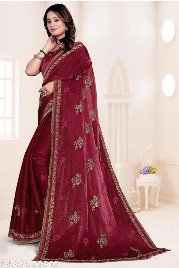 Maroon_Fancy_Party_Wear_Premium_Jimmi_Chu_Embroidery_And_Swaroski_Work_With_Fancy_Cut_Work_Border_Saree_With_Blouse_For_Women