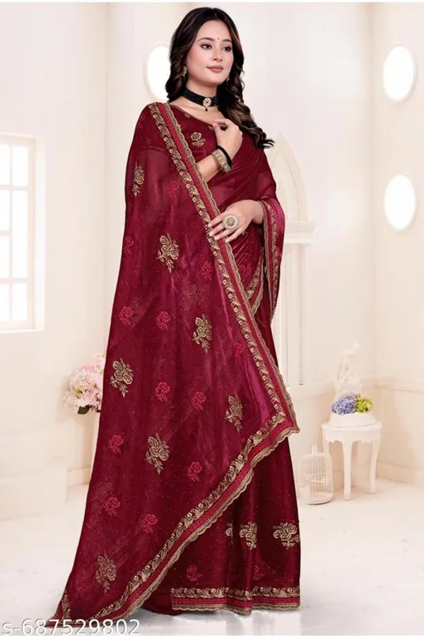 Maroon_Fancy_Party_Wear_Premium_Jimmi_Chu_Embroidery_And_Swaroski_Work_With_Fancy_Cut_Work_Border_Saree_With_Blouse_For_Women