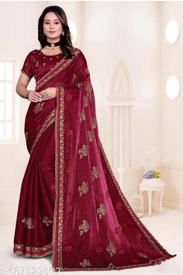 Maroon_Fancy_Party_Wear_Premium_Jimmi_Chu_Embroidery_And_Swaroski_Work_With_Fancy_Cut_Work_Border_Saree_With_Blouse_For_Women