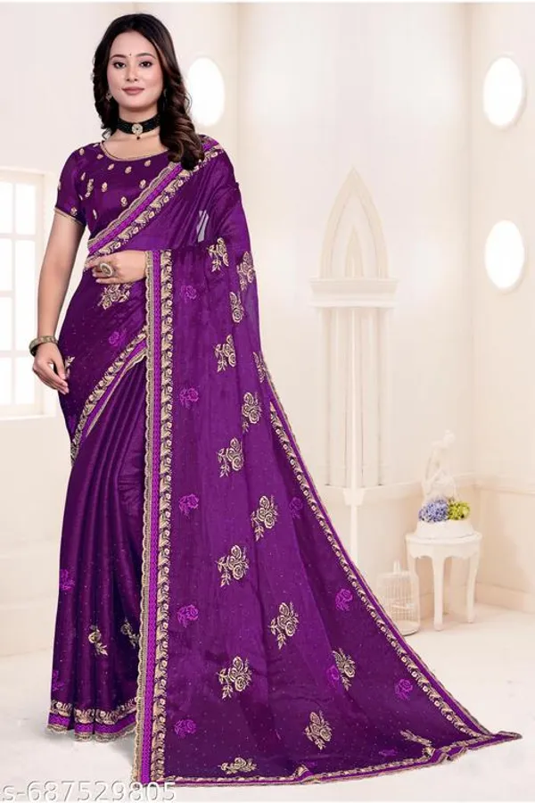 Purple_Fancy_Party_Wear_Premium_Jimmi_Chu_Embroidery_And_Swaroski_Work_With_Fancy_Cut_Work_Border_Saree_With_Blouse_For_Women