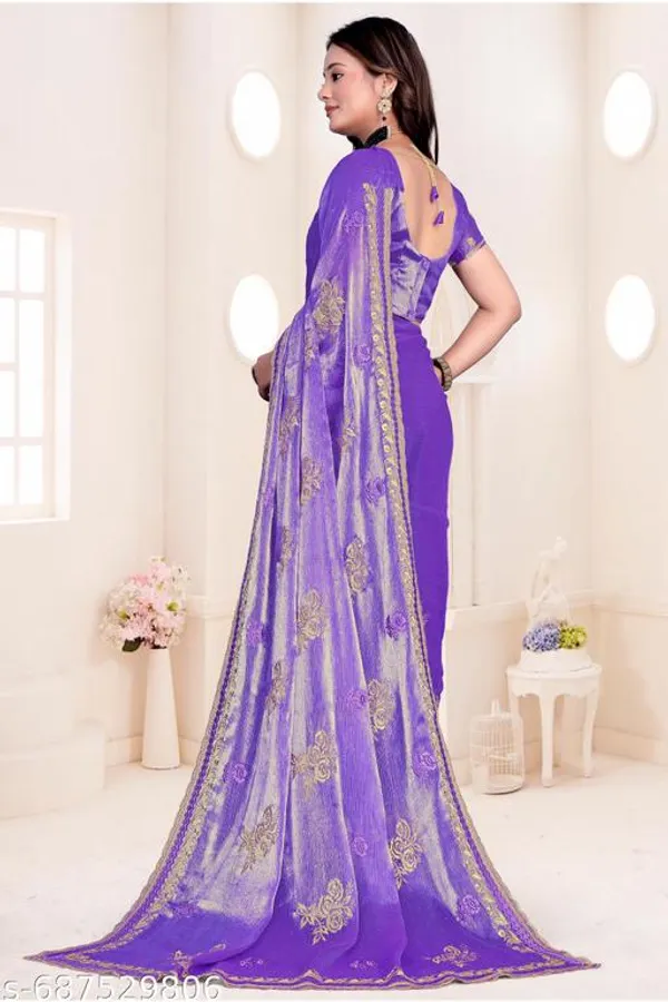 Light_Purple_Fancy_Party_Wear_Premium_Jimmi_Chu_Embroidery_And_Swaroski_Work_With_Fancy_Cut_Work_Border_Saree_With_Blouse_For_Women