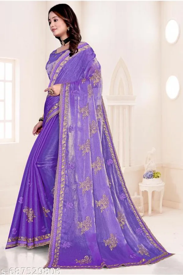 Light_Purple_Fancy_Party_Wear_Premium_Jimmi_Chu_Embroidery_And_Swaroski_Work_With_Fancy_Cut_Work_Border_Saree_With_Blouse_For_Women