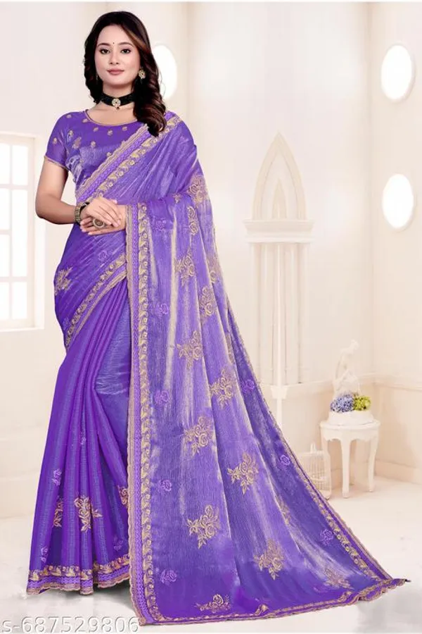 Light_Purple_Fancy_Party_Wear_Premium_Jimmi_Chu_Embroidery_And_Swaroski_Work_With_Fancy_Cut_Work_Border_Saree_With_Blouse_For_Women
