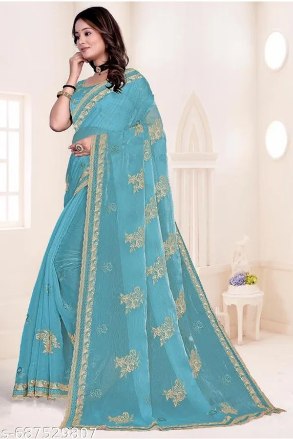 Sky_Blue_Fancy_Party_Wear_Premium_Jimmi_Chu_Embroidery_And_Swaroski_Work_With_Fancy_Cut_Work_Border_Saree_With_Blouse_For_Women