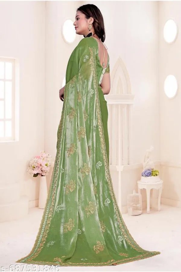 Light_Green_Fancy_Party_Wear_Premium_Jimmi_Chu_Embroidery_And_Swaroski_Work_With_Fancy_Cut_Work_Border_Saree_With_Blouse_For_Women