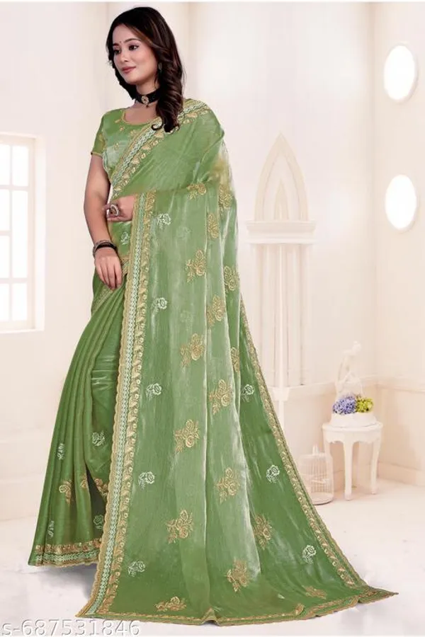 Light_Green_Fancy_Party_Wear_Premium_Jimmi_Chu_Embroidery_And_Swaroski_Work_With_Fancy_Cut_Work_Border_Saree_With_Blouse_For_Women