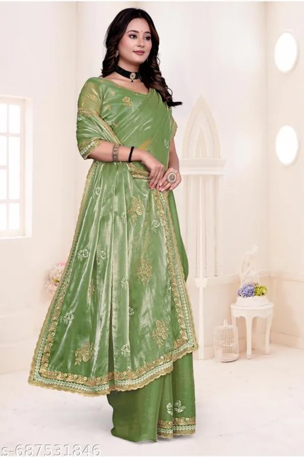 Light_Green_Fancy_Party_Wear_Premium_Jimmi_Chu_Embroidery_And_Swaroski_Work_With_Fancy_Cut_Work_Border_Saree_With_Blouse_For_Women
