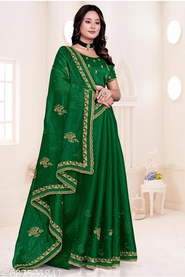 Green_Fancy_Party_Wear_Premium_Jimmi_Chu_Embroidery_And_Swaroski_Work_With_Fancy_Cut_Work_Border_Saree_With_Blouse_For_Women