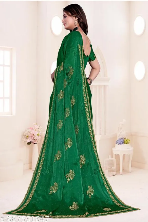 Green_Fancy_Party_Wear_Premium_Jimmi_Chu_Embroidery_And_Swaroski_Work_With_Fancy_Cut_Work_Border_Saree_With_Blouse_For_Women