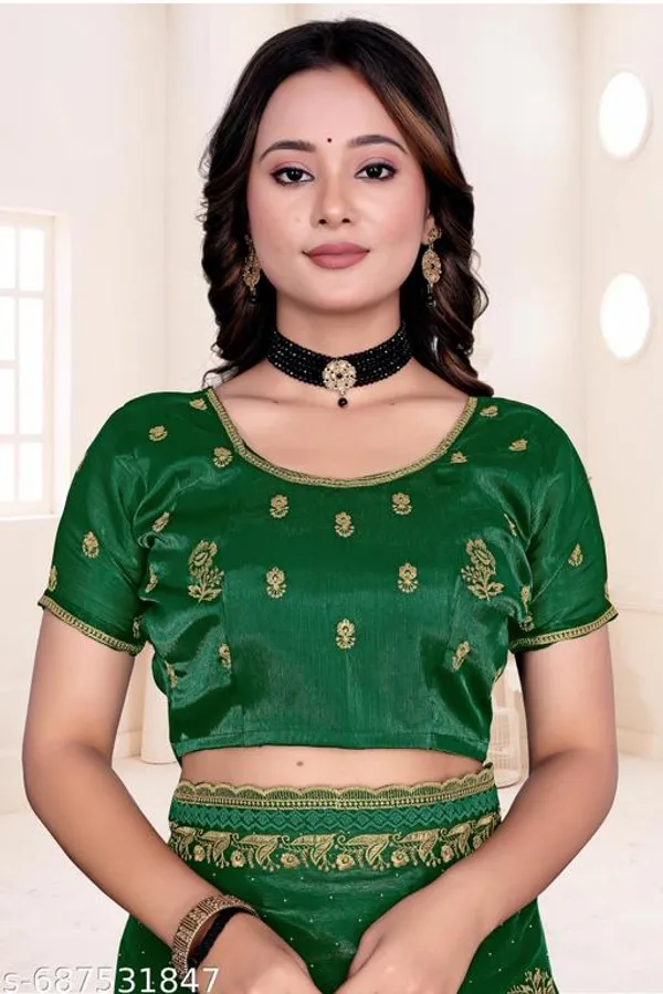 Green_Fancy_Party_Wear_Premium_Jimmi_Chu_Embroidery_And_Swaroski_Work_With_Fancy_Cut_Work_Border_Saree_With_Blouse_For_Women