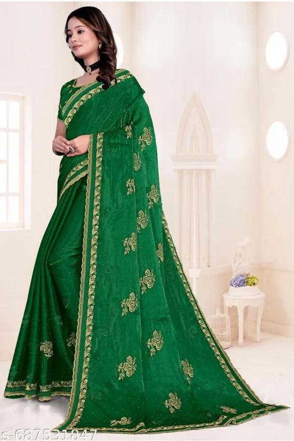 Green_Fancy_Party_Wear_Premium_Jimmi_Chu_Embroidery_And_Swaroski_Work_With_Fancy_Cut_Work_Border_Saree_With_Blouse_For_Women