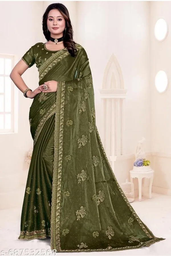 Mehendi_Fancy_Party_Wear_Premium_Jimmi_Chu_Embroidery_And_Swaroski_Work_With_Fancy_Cut_Work_Border_Saree_With_Blouse_For_Women