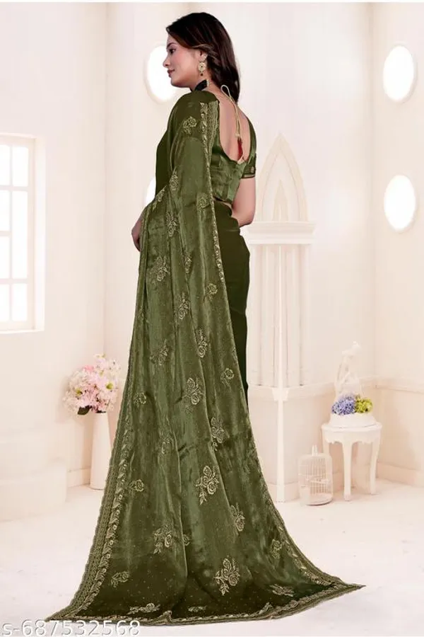 Mehendi_Fancy_Party_Wear_Premium_Jimmi_Chu_Embroidery_And_Swaroski_Work_With_Fancy_Cut_Work_Border_Saree_With_Blouse_For_Women