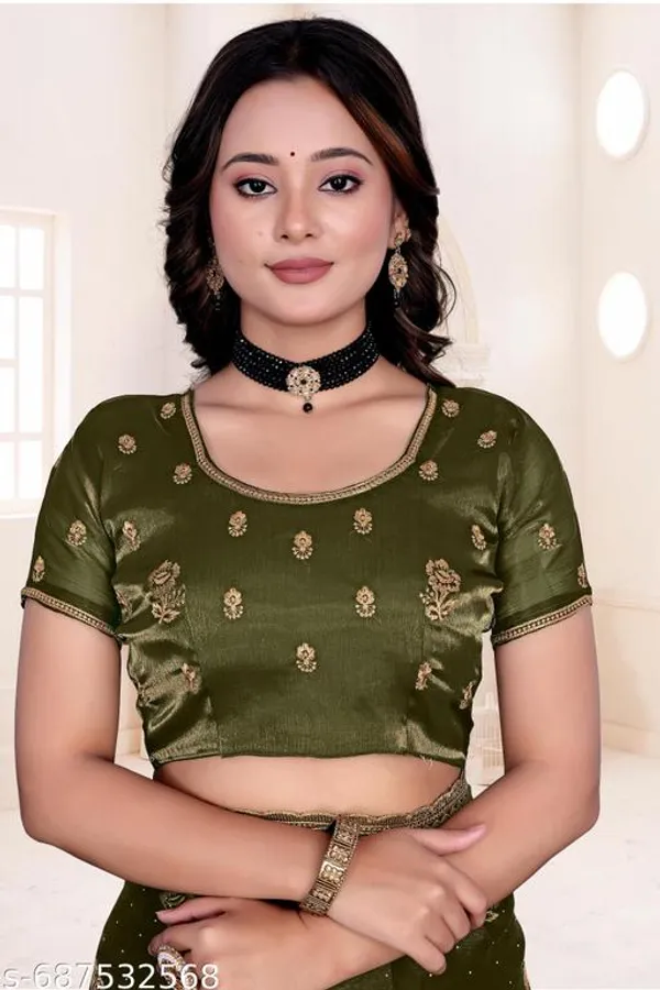 Mehendi_Fancy_Party_Wear_Premium_Jimmi_Chu_Embroidery_And_Swaroski_Work_With_Fancy_Cut_Work_Border_Saree_With_Blouse_For_Women