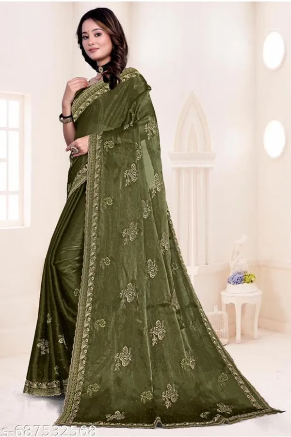 Mehendi_Fancy_Party_Wear_Premium_Jimmi_Chu_Embroidery_And_Swaroski_Work_With_Fancy_Cut_Work_Border_Saree_With_Blouse_For_Women