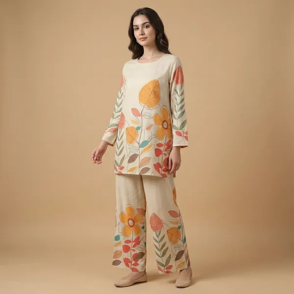 Cream_With_Floral_Premium_Imported_Rayon_Co-Ord_Set_For_Women