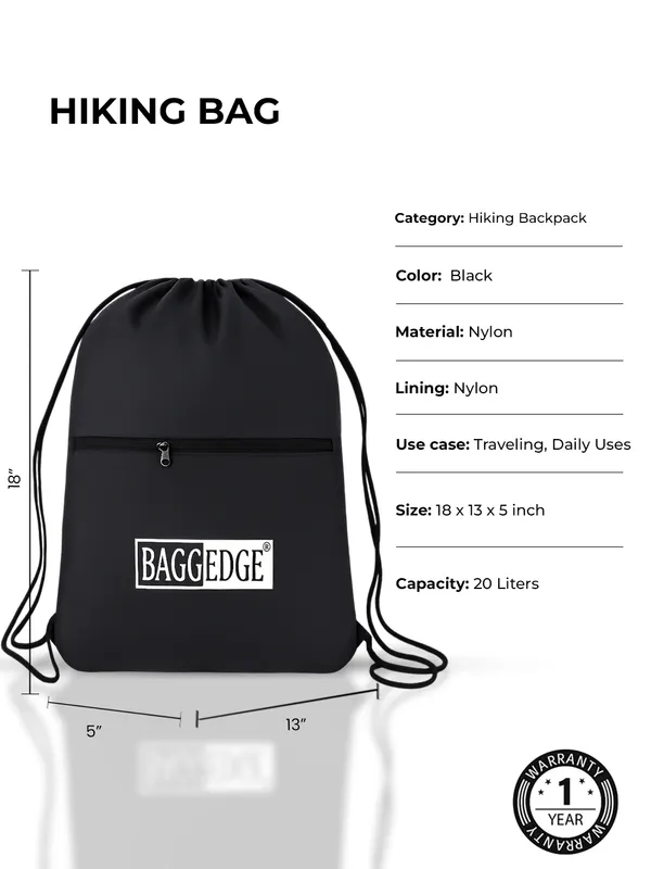 Black_Water_Resistant_Drawstring_Hiking_Bag_With_Zipper_Pocket_20L_Capacity