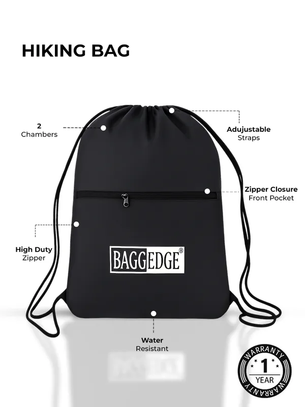 Black_Water_Resistant_Drawstring_Hiking_Bag_With_Zipper_Pocket_20L_Capacity