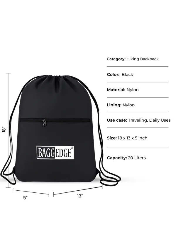 Black_Water_Resistant_Drawstring_Hiking_Bag_With_Zipper_Pocket_20L_Capacity
