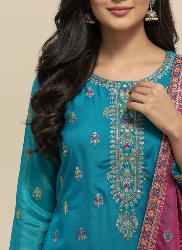 Blue_organza_tissue_silk_Churidar_For_Women