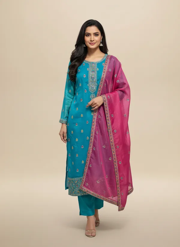 Blue_organza_tissue_silk_Churidar_For_Women