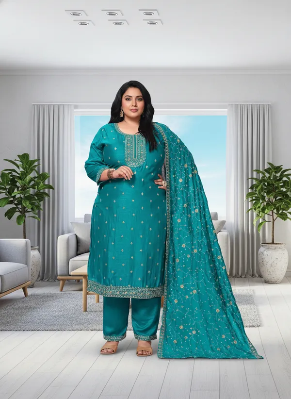 Rama_green_cotton_embroidery_straight_cut_for_women