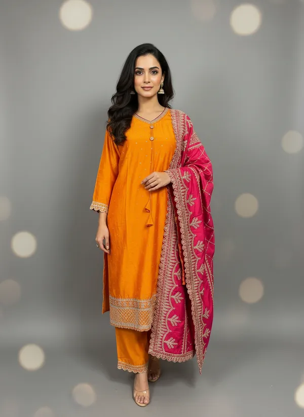 Orange_Silk_Salwar_Suit__With_Rani_Pink_Duppata_For_Women