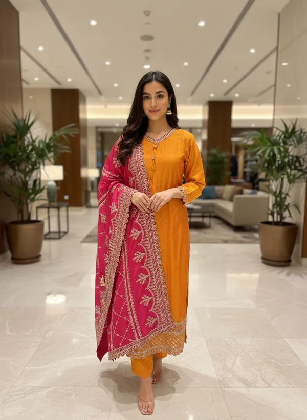 Orange_Silk_Salwar_Suit__With_Rani_Pink_Duppata_For_Women