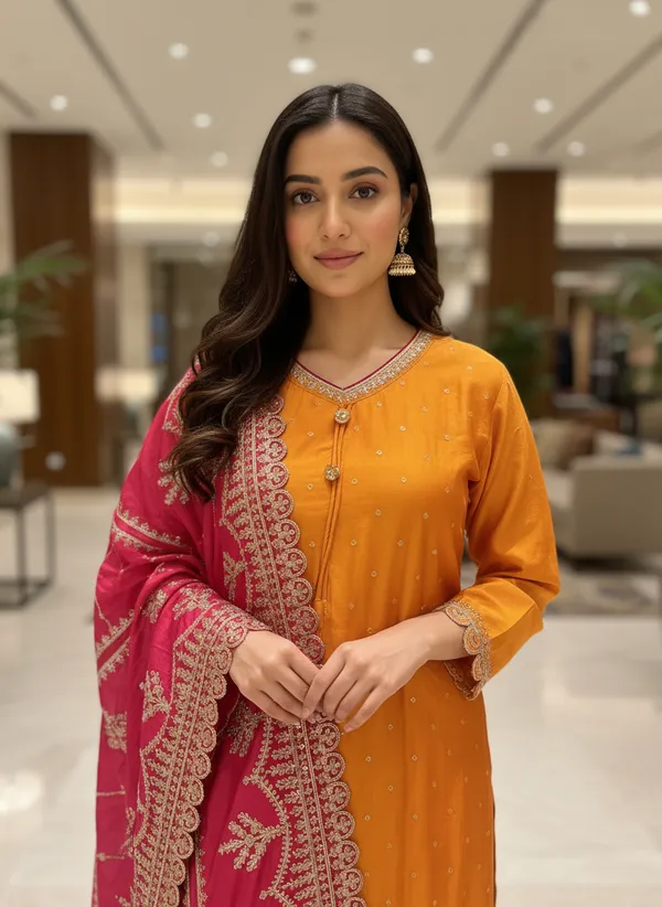 Orange_Silk_Salwar_Suit__With_Rani_Pink_Duppata_For_Women