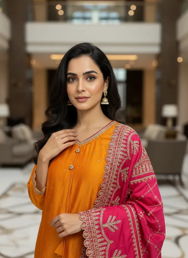 Orange_Silk_Salwar_Suit__With_Rani_Pink_Duppata_For_Women