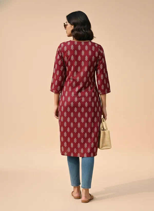 Maroon_cotton_Printed_single_Kurti_For_Women