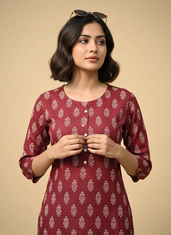 Maroon_cotton_Printed_single_Kurti_For_Women
