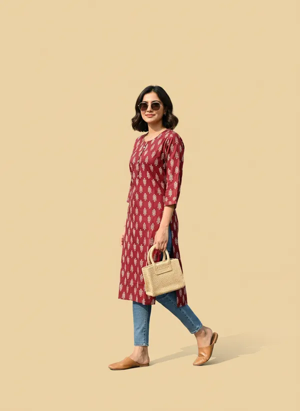 Maroon_cotton_Printed_single_Kurti_For_Women