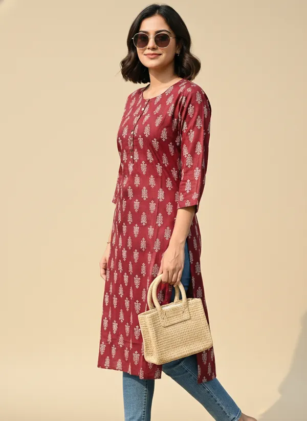 Maroon_cotton_Printed_single_Kurti_For_Women