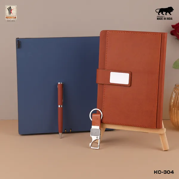 Tan_Personalised_3_In_1_Corporate_Gift_Set_Which_Includes_Diary_And_Keychain_And_Metal_Pen_Gift_Set_For_Employee_Of_The_Month_And_Personalised_Diary_Corporate_Gift_For_Clients