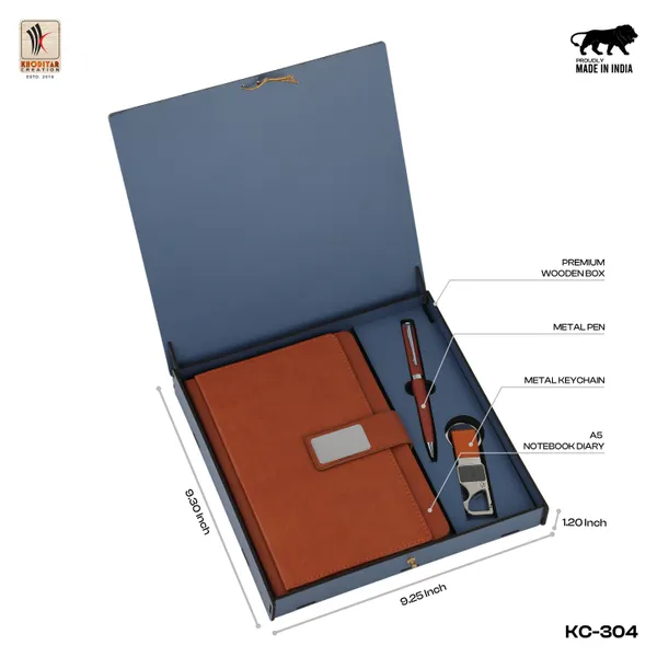 Tan_Personalised_3_In_1_Corporate_Gift_Set_Which_Includes_Diary_And_Keychain_And_Metal_Pen_Gift_Set_For_Employee_Of_The_Month_And_Personalised_Diary_Corporate_Gift_For_Clients
