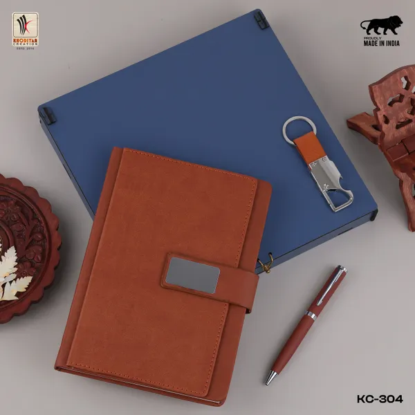 Tan_Personalised_3_In_1_Corporate_Gift_Set_Which_Includes_Diary_And_Keychain_And_Metal_Pen_Gift_Set_For_Employee_Of_The_Month_And_Personalised_Diary_Corporate_Gift_For_Clients