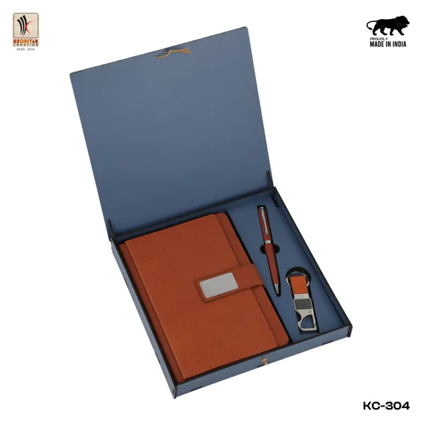 Tan_Personalised_3_In_1_Corporate_Gift_Set_Which_Includes_Diary_And_Keychain_And_Metal_Pen_Gift_Set_For_Employee_Of_The_Month_And_Personalised_Diary_Corporate_Gift_For_Clients