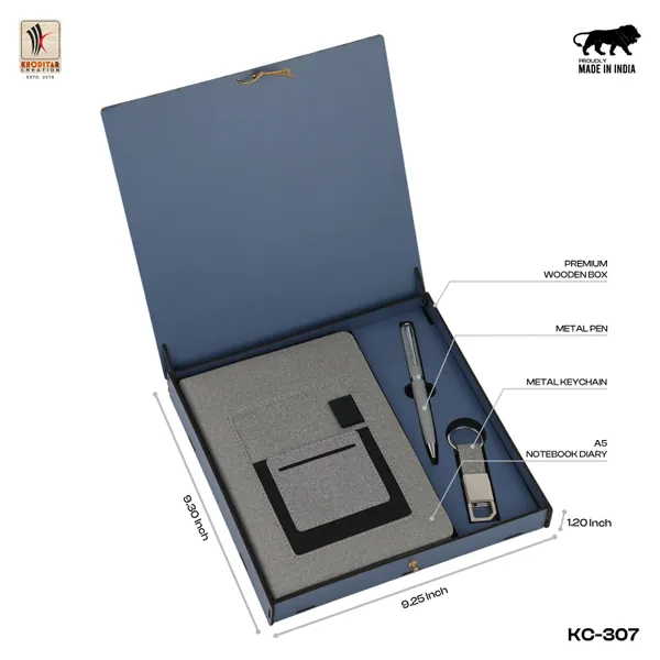 Grey_Personalised_3_In_1_Corporate_Gift_Set_Which_Includes_Diary_And_Keychain_And_Metal_Pen_Gift_Set_For_Employee_Of_The_Month_And_Personalised_Diary_Corporate_Gift_For_Clients